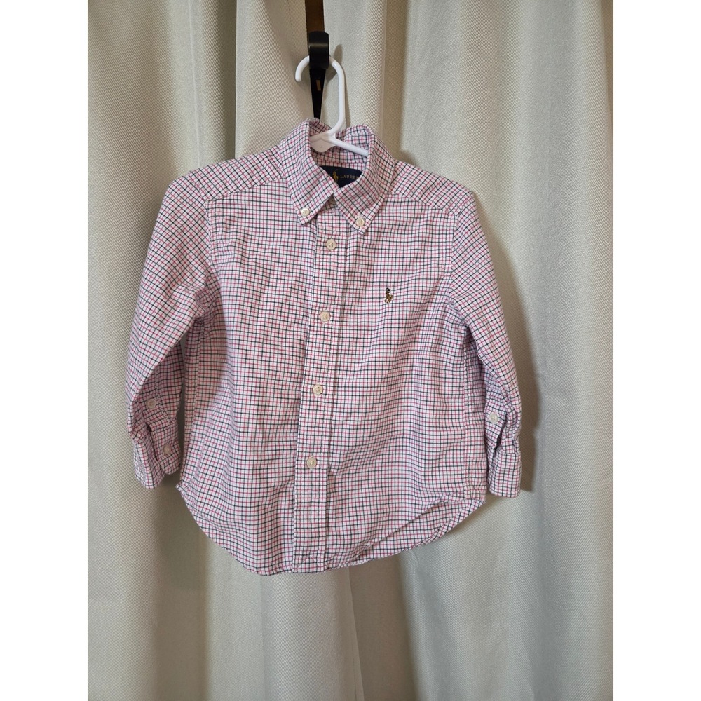 Ralph Lauren Toddler Boys Red Navy Tattersall Plaid Button Down Shirt 2T